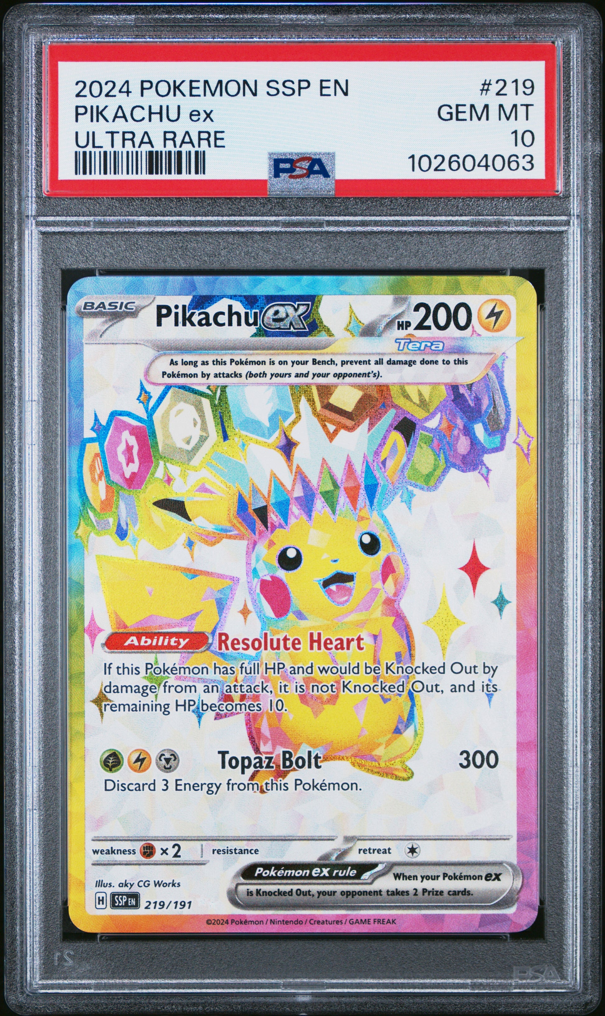 2024 Pokemon Ssp En-Surging Sparks #219 Pikachu Ex Ultra Rare PSA 10