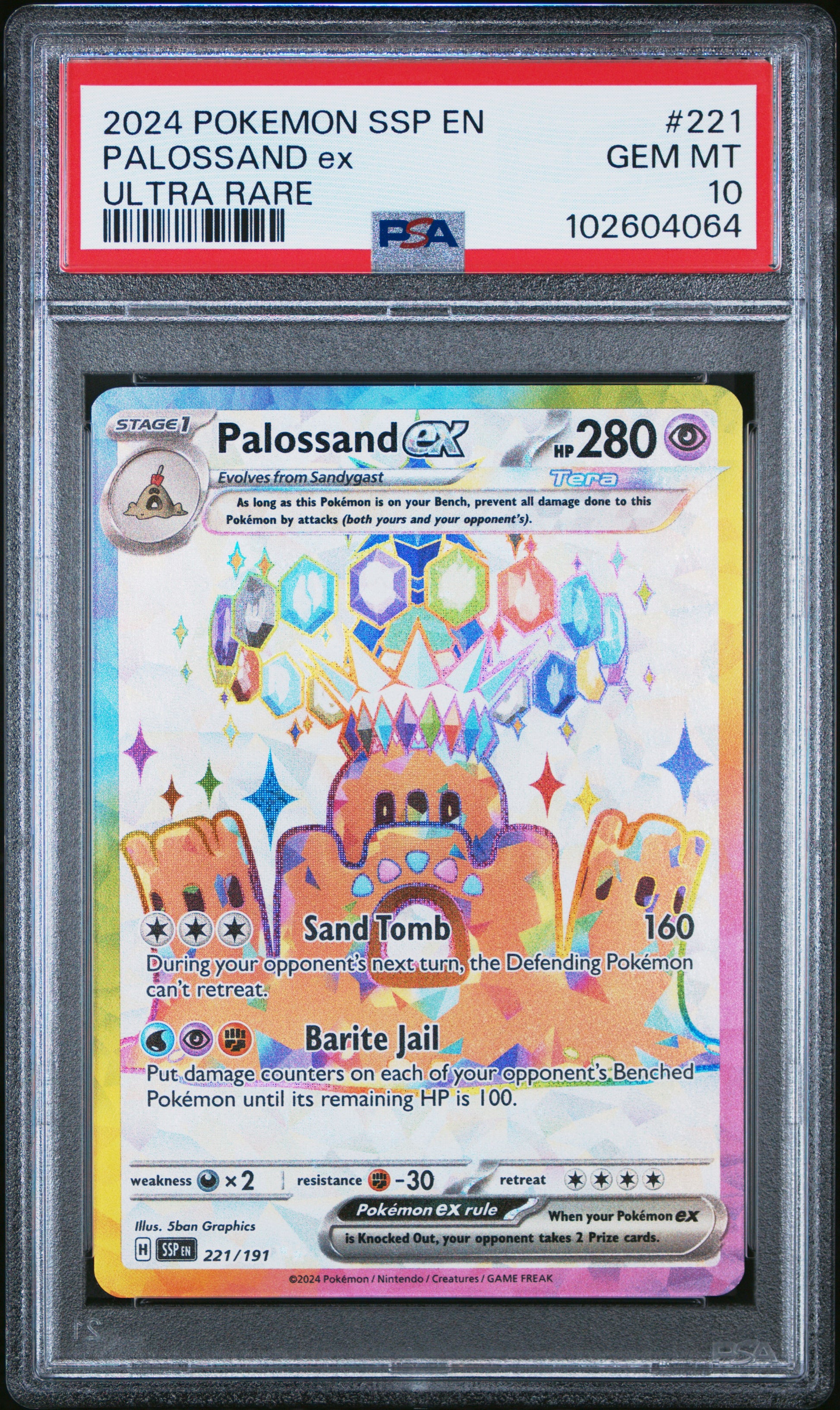 2024 Pokemon Ssp En-Surging Sparks #221 Palossand Ex Ultra Rare PSA 10