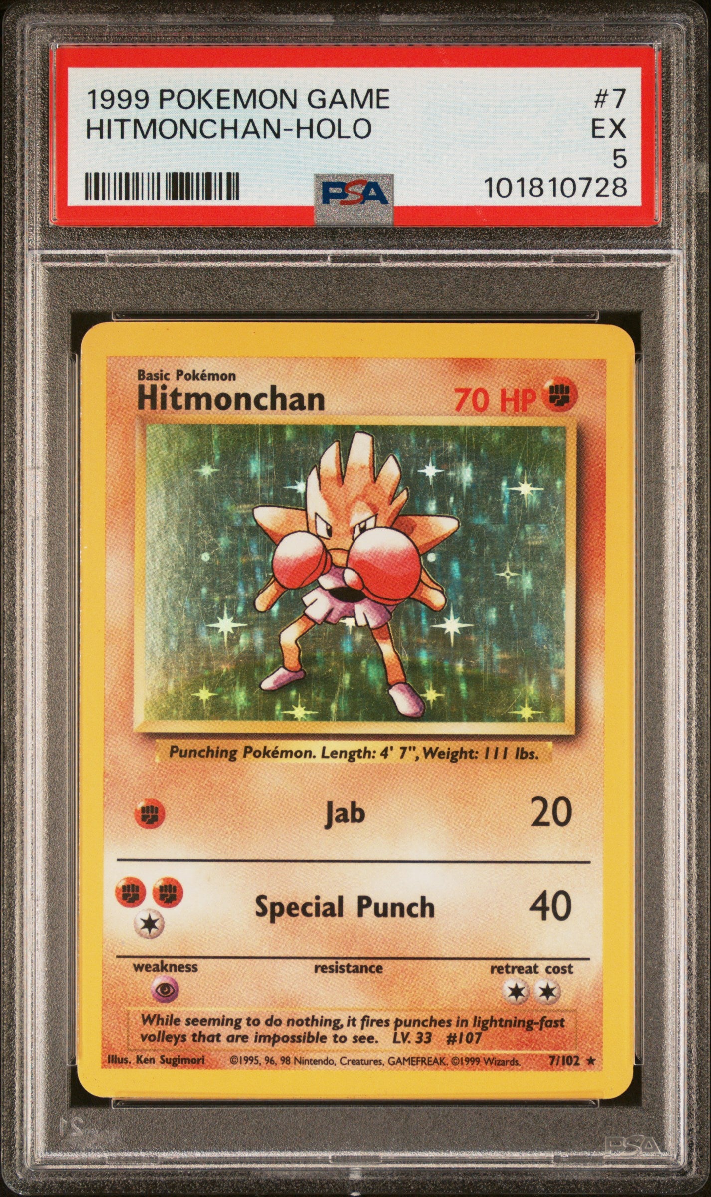 1999 Pokemon Game #7 Hitmonchan-Holo PSA 5