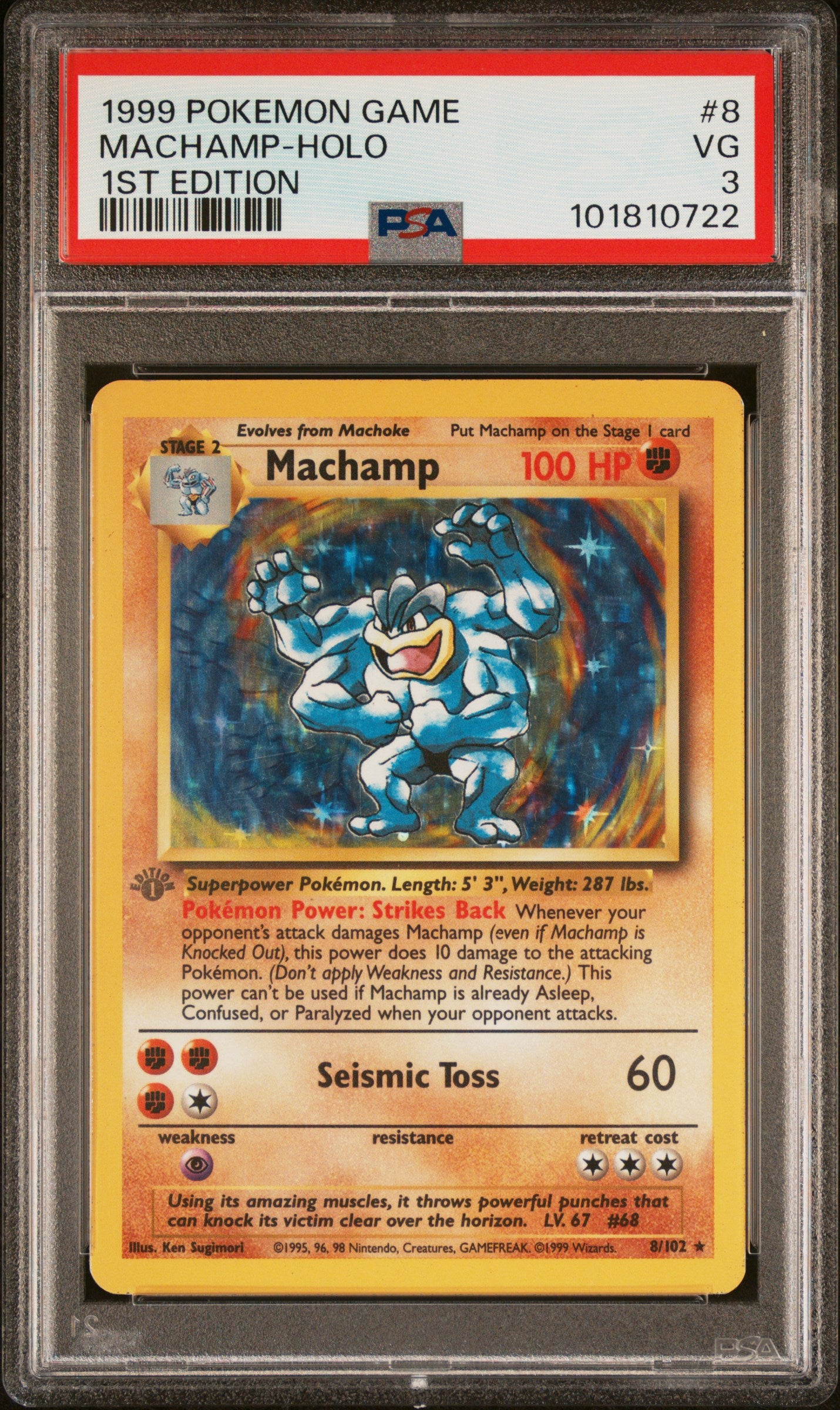 1999 Pokemon Game #8 Machamp-Holo 1st Edition PSA 3