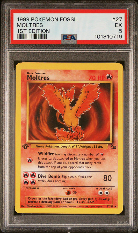 1999 Pokemon Fossil #27 Moltres 1st Edition PSA 5