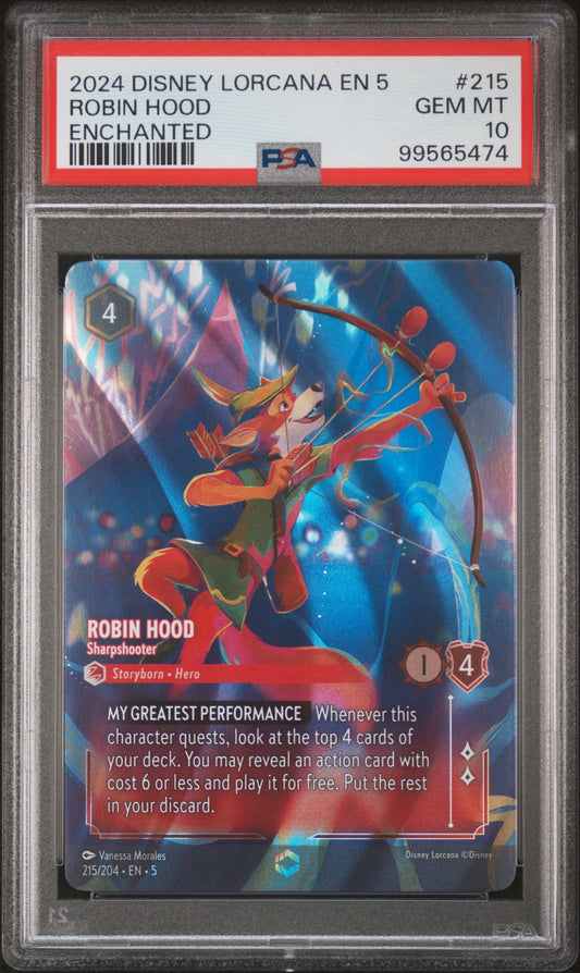 2024 Disney Lorcana En 5-Shimmering Skies Robin Hood #215 Enchanted PSA 10