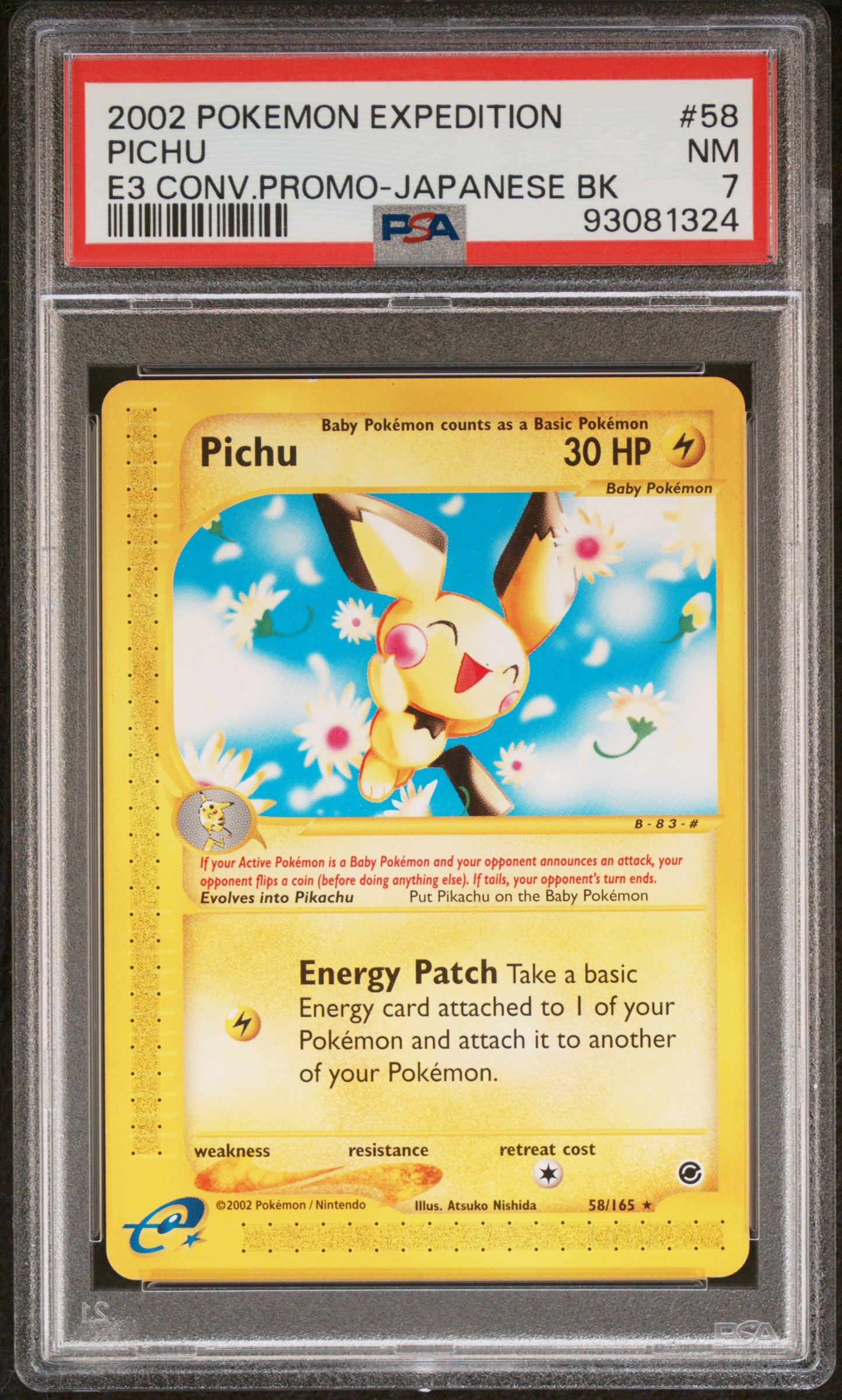 2002 POKEMON EXPEDITION #58 PICHU E3 CONV.PROMO-JAPANESE BK PSA 7