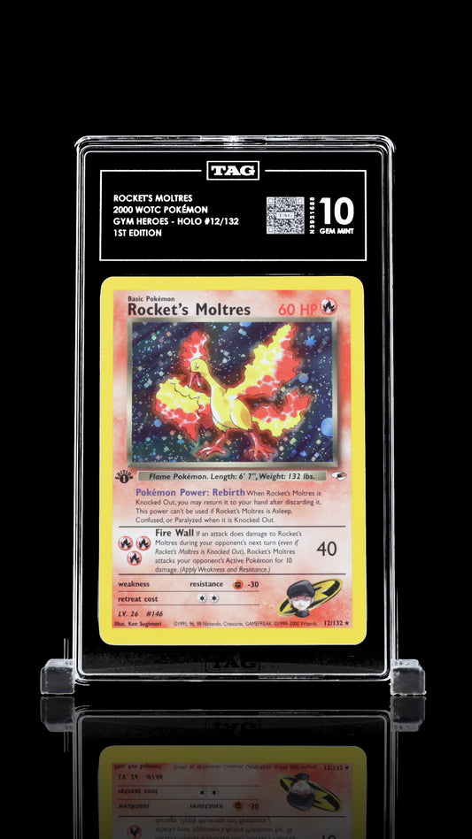 *POP 1* TAG 10 Rocket's Moltres #12/132 2000 Gym Heroes - 1st Edition PSA 10