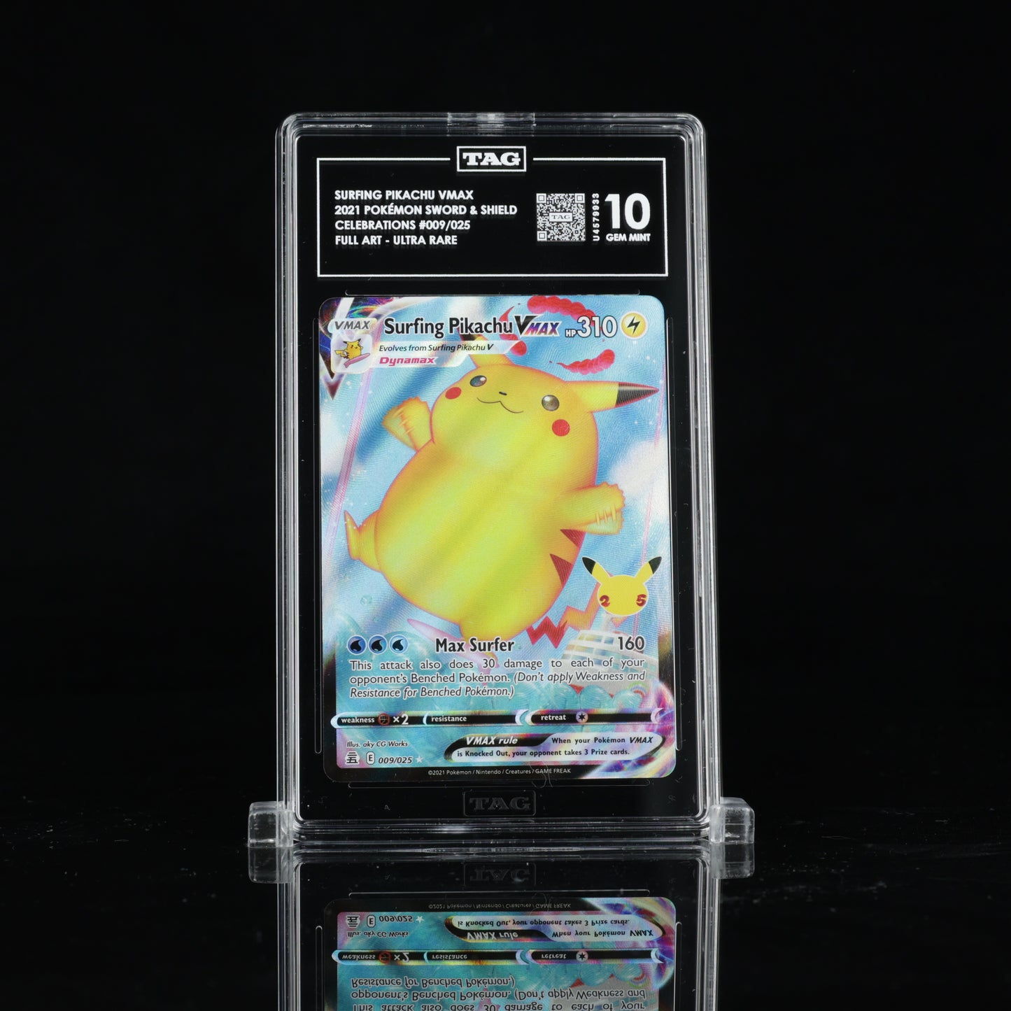 TAG 10 2021 POKÉMON SWORD & SHIELD #009/025 CELEBRATIONS SURFING PIKACHU VMAX PSA