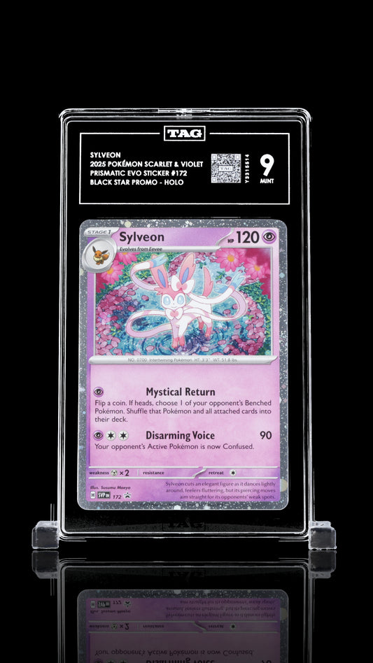 TAG 9 Sylveon #172 2025 Prismatic Evolutions Tech Sticker Collection PSA 9